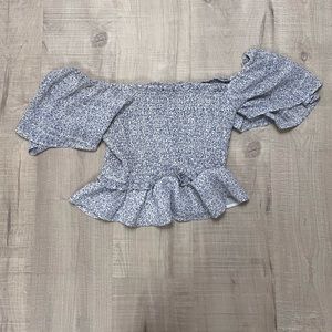 ASTR the label square neck smocked top, blue floral, size medium